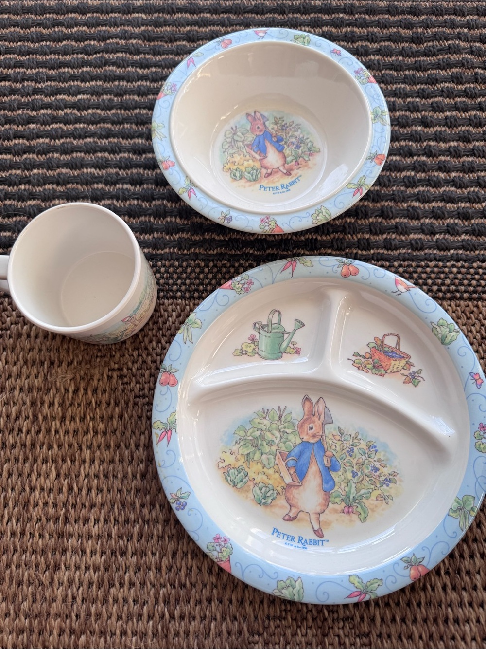 Vintage Eden Peter Rabbit Melamine Children's Set 1996 Divided Plate, Bowl & Cup